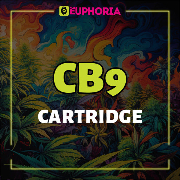 Bannière colorée avec le texte 'CB9 Cartridge' de E-Euphoria, avec des feuilles de cannabis et un fond psychédélique