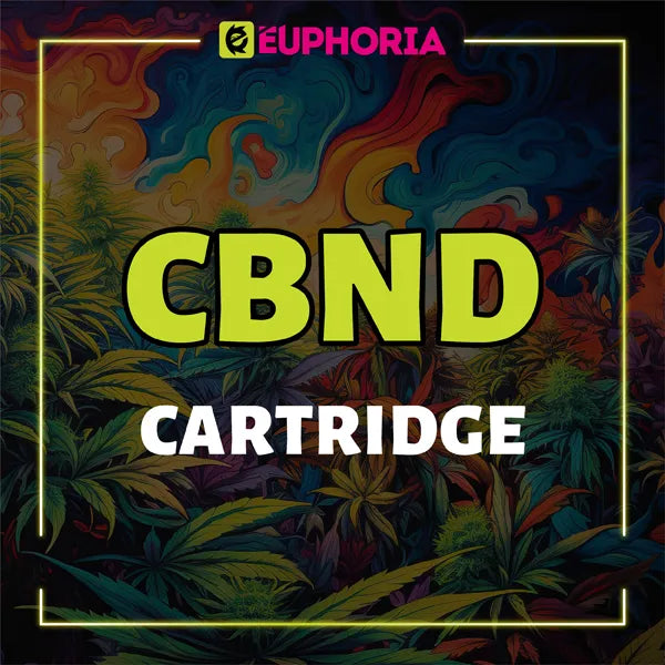 Bannière colorée avec le texte 'CBND Cartridge' de E-Euphoria, avec des feuilles de cannabis et un fond psychédélique