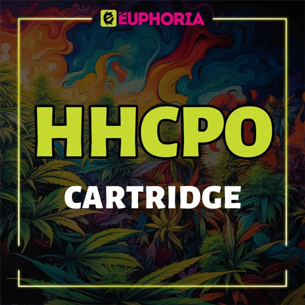 Bannière colorée avec le texte 'HHCP0 Cartridge' de E-Euphoria, avec des feuilles de cannabis et un fond psychédélique