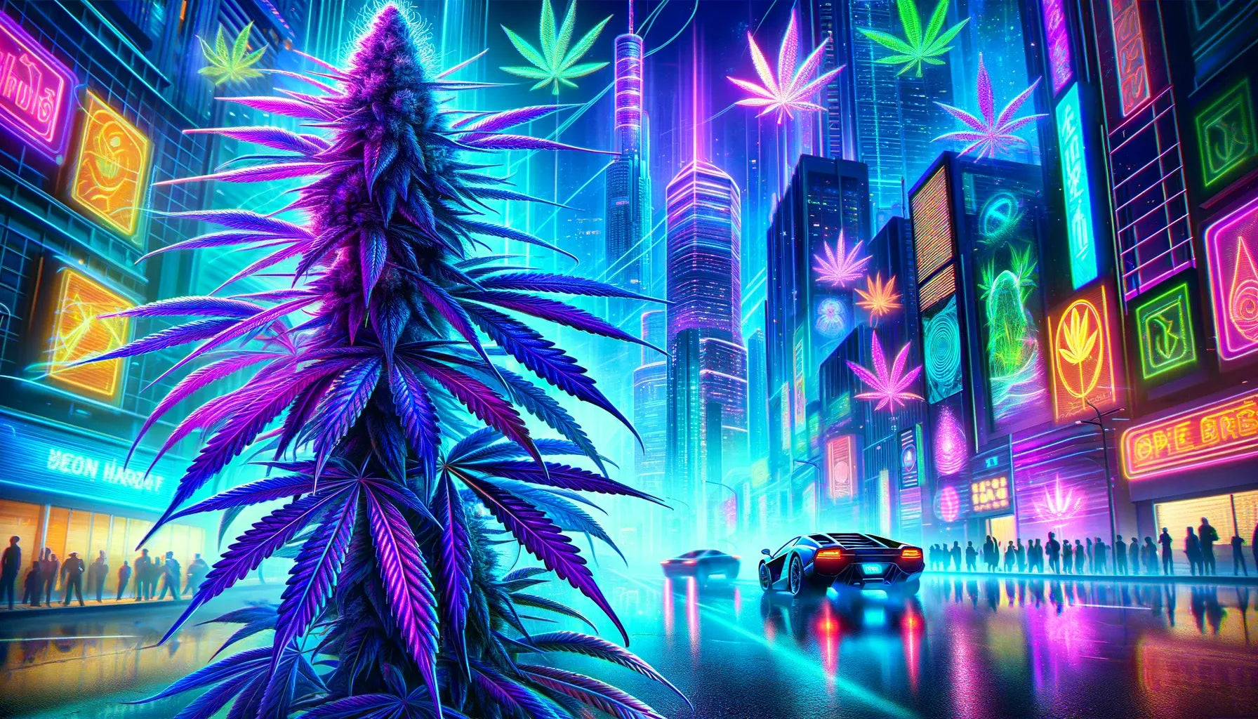 Paysage urbain néon avec une plante de cannabis au premier plan, des enseignes lumineuses avec des feuilles de cannabis sur les bâtiments et des voitures futuristes dans la rue