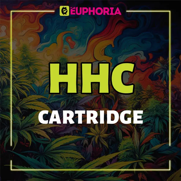 Bannière colorée avec le texte 'HHC Cartridge' de E-Euphoria, avec des feuilles de cannabis et un fond psychédélique