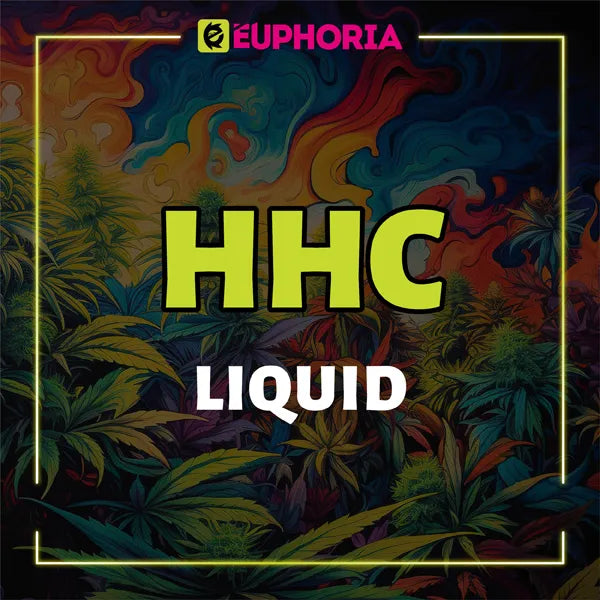 Bannière colorée avec le texte 'HHC Liquid' de E-Euphoria, avec des feuilles de cannabis et un fond psychédélique