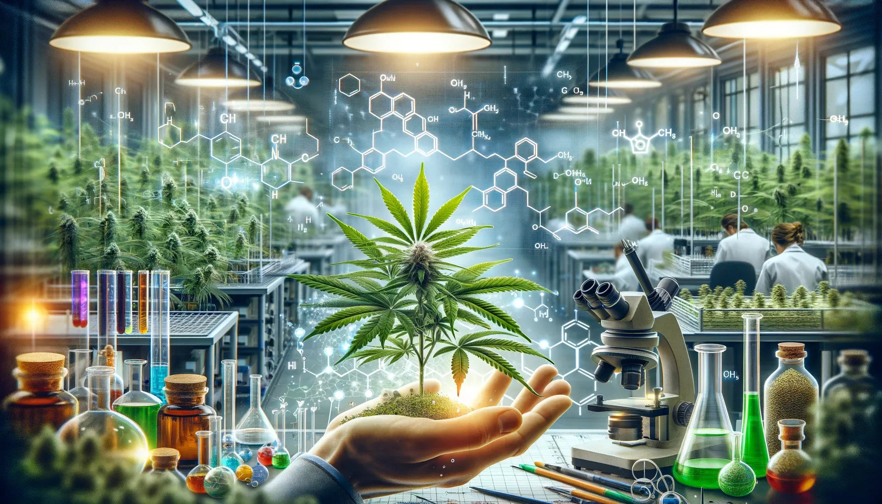 Laboratoire de recherche sur le cannabis avec des scientifiques travaillant, une plante de cannabis en gros plan dans une main, et des équipements de laboratoire high-tech en arrière-plan