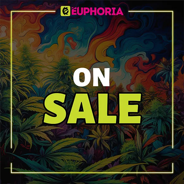 Bannière colorée avec le texte 'EN VENTE' de E-Euphoria, avec des feuilles de cannabis et un fond psychédélique