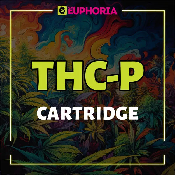 Bannière colorée avec le texte 'THC-P Cartridge' de E-Euphoria, avec des feuilles de cannabis et un fond psychédélique