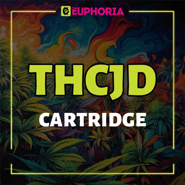 Bannière colorée avec le texte 'THCJD Cartridge' de E-Euphoria, avec des feuilles de cannabis et un fond psychédélique