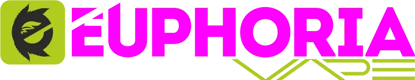 Logo Euphoria Vape, avec un design en rose et vert, et un symbole avec une feuille de cannabis stylisée