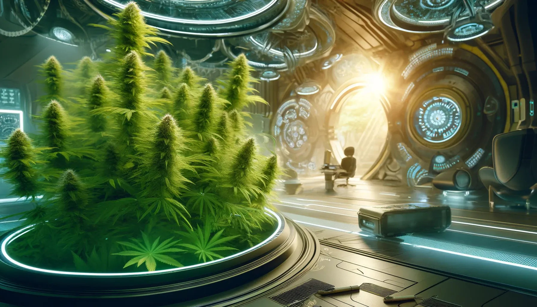 Plante de cannabis dans une serre futuriste avec des lumières et des équipements high-tech dans un environnement intérieur sophistiqué