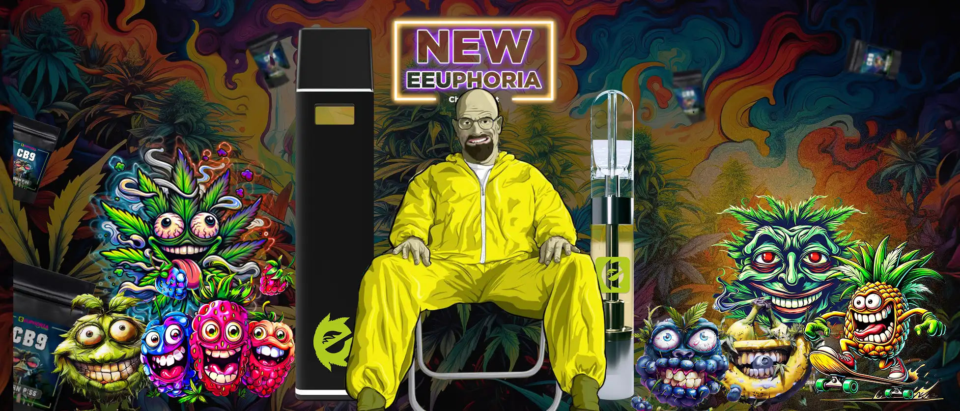 Bannière Euphoria Vape avec un personnage en combinaison jaune assis sur une chaise, entouré de produits et de dessins colorés de feuilles de cannabis et de créatures animées, avec le texte 'NEW EUPHORIA